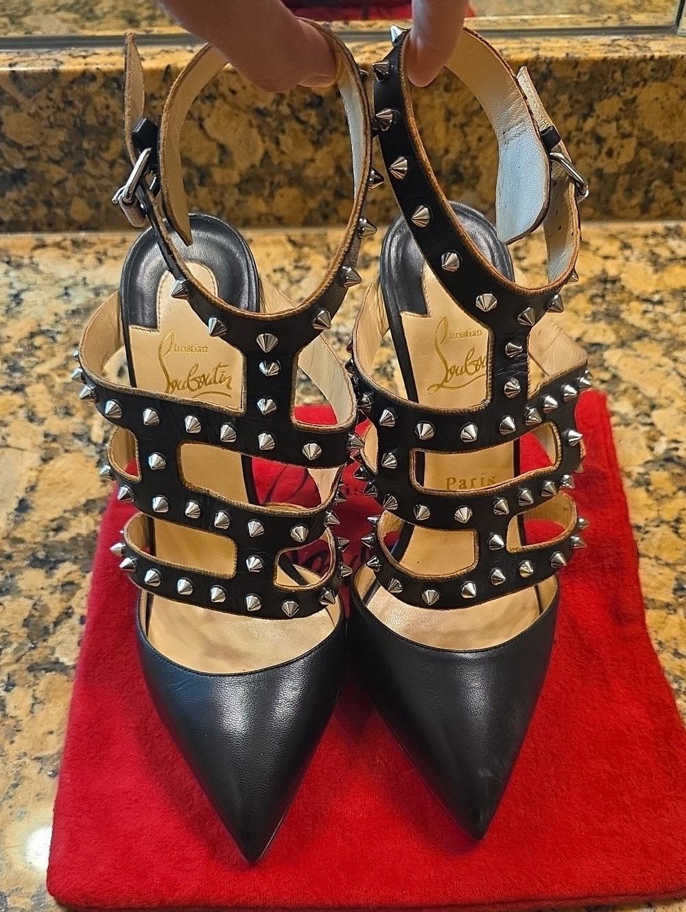 Christian Louboutin Black Leather Studded Strappy Pointed-Toe Pumps